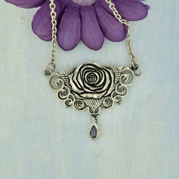 Rose Pendant Necklace W Amethyst Drop Sterling Silver