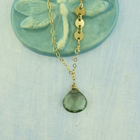 Green Amethyst Drop Necklace in Gold Fill