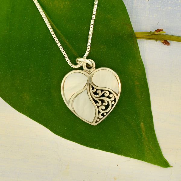 Necklace Sterling Silver Heart Pendant  W Mother of Pearl Inlay