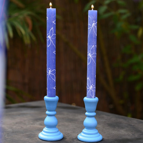 A Pair of Royal Blue Hand Painted Candles W Dragonflies