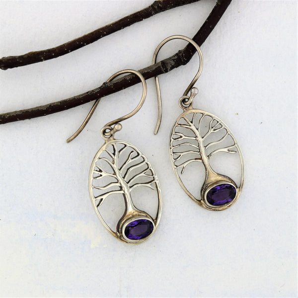 Tree of Life Earrings with Amethyst Sterling Silver