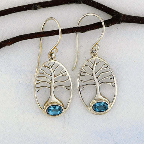 Tree of Life Earrings with Blue Topaz Sterling Silver