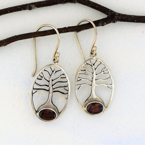 Tree of Life Earrings with Garnet Sterling Silver