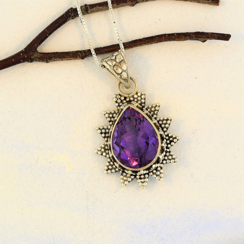 Amethyst Pendant Necklace Sun Ray Design with 18" chain