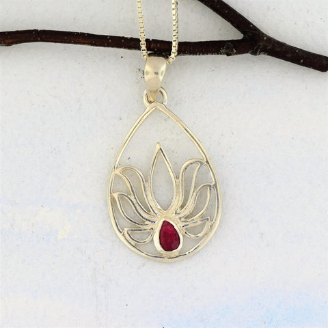 Lotus Pendant Necklace with Ruby Sterling Silver