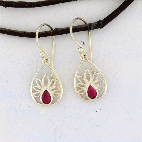 Earrings of Lotus Design with Ruby Sterling Silver