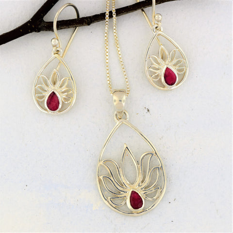 Lotus Necklace and Earrings Set with Ruby Sterling Silver