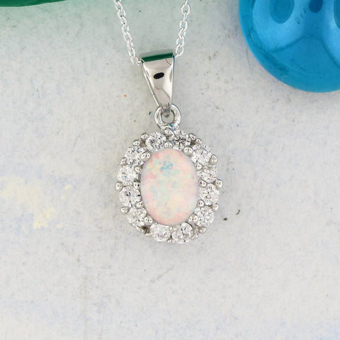 Small Lab Opal Pendant Necklace - Sterling Silver