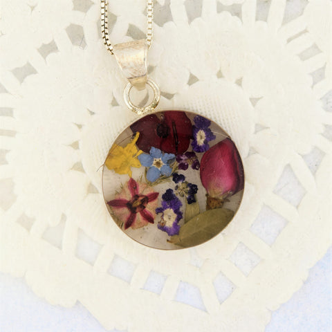 Sterling Silver Necklace with Pressed Flower Round Pendant