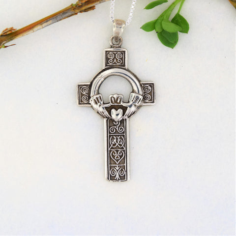 Sterling Silver Cross with Claddagh Pendant