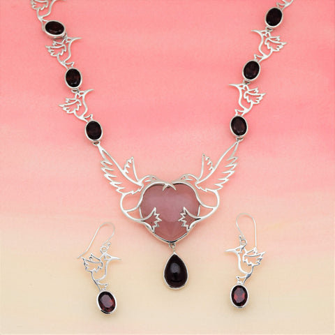 Sterling Silver Necklace Earrings Set/ Hummingbird Garnet