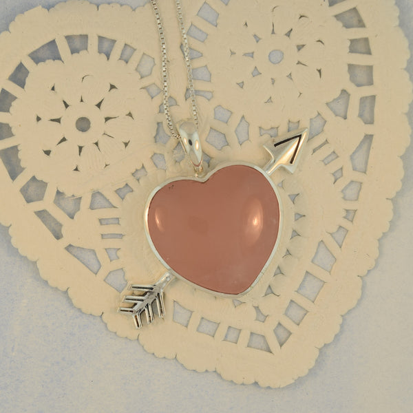 Sterling Silver Heart Pendant in Rose Quartz and Arrow
