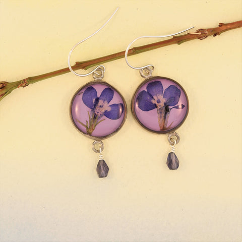 Round Earrings with Lobelia Petals and Bead Drop
