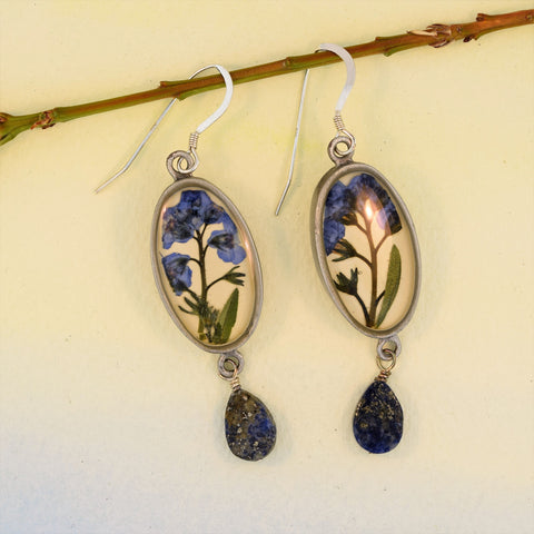 Oval Earrings with Forget-Me-Not and Lapis Drop