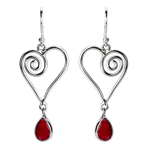 Sterling Silver Earrings Swirling Heart with Indian Ruby