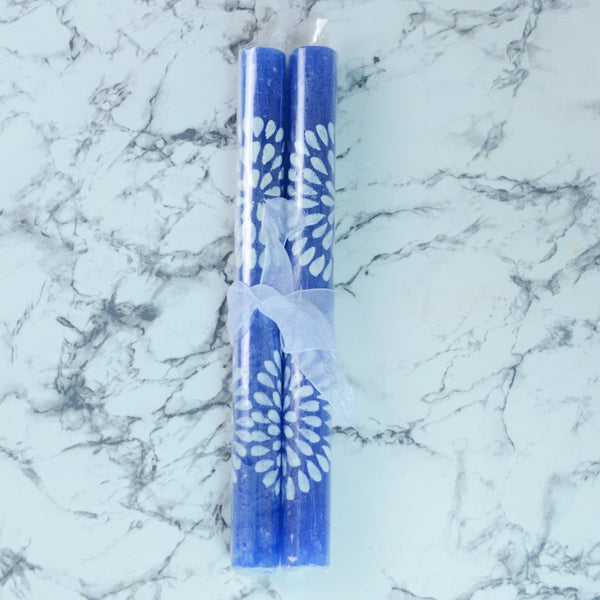 Pair of Hand Painted Candle Royal blue W White Petals