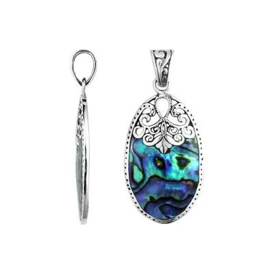 A Abalone Oval Pendant Sterling Silver W Filigree Top